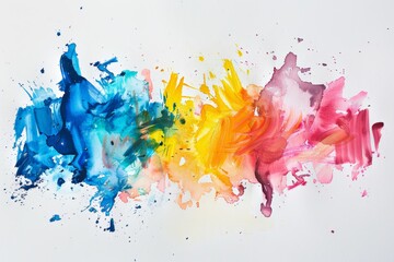 Collection of vibrant paint splatters spread across a blank white backdrop, creating a lively and dynamic visual effect
