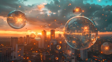Surreal Spheres Floating Over Glowing Cityscape at Sunset - Digital of Fragile Economic Bubbles - obrazy, fototapety, plakaty