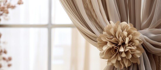 A closeup of a curtain hanging from a window with a beautiful flower attached to it, showcasing the...