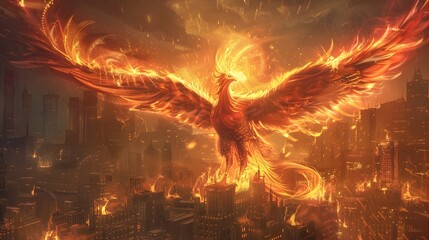 Majestic Fiery Phoenix Soaring Over Illuminated Futuristic City Skyline in Dramatic Apocalyptic Moment of Destruction and Rebirth - obrazy, fototapety, plakaty