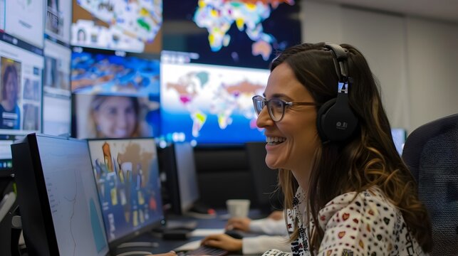 Smiling Professional Woman Using Computer with Colorful Map and Globe in Office Setting