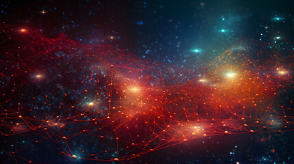 a blue and red background with an electronic network of points and net lights