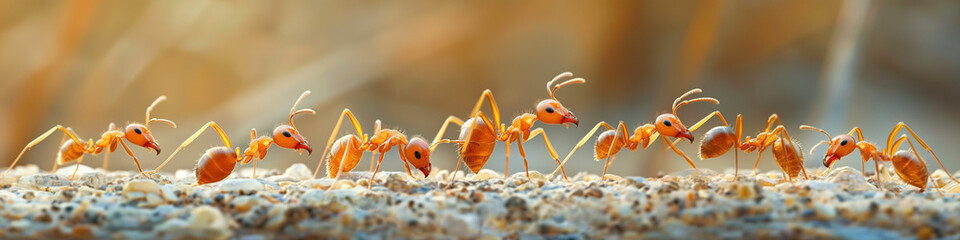 Fila de hormigas transportando comida - obrazy, fototapety, plakaty