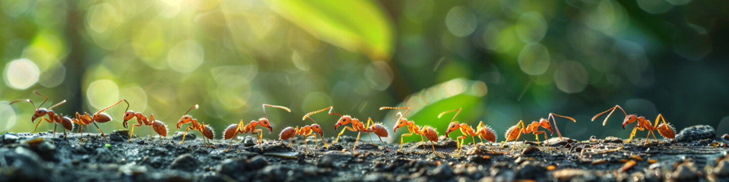 Fila de hormigas transportando comida