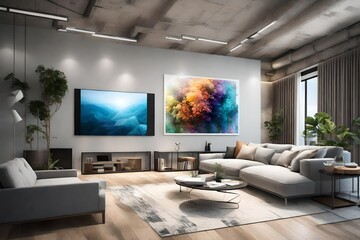 A high-tech living room design with a wall mockup exhibiting digital artwork. - obrazy, fototapety, plakaty