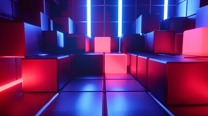 Una superficie formada por cubos de diferentes tonos rojos y azules, ambiente tecnológico - obrazy, fototapety, plakaty