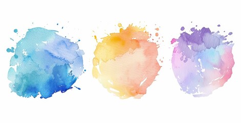 Three distinct colors of paint - red, blue, and yellow - are splattered on a plain white background in an abstract art composition