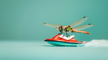 Dragonfly Riding Tiny Jetski on Teal Minimalist Background