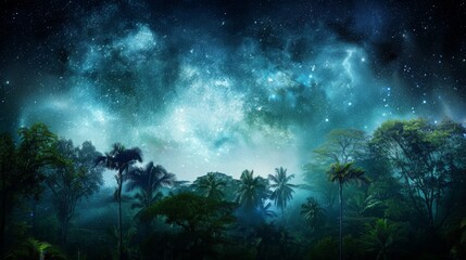 Rain forest at night time. Night time in a rain forest with beautiful milyway like nebula in the sky. Beautiful jungle and tree canopy. - obrazy, fototapety, plakaty
