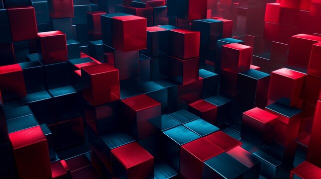 Una superficie formada por cubos de diferentes tonos rojos y azules, ambiente tecnológico