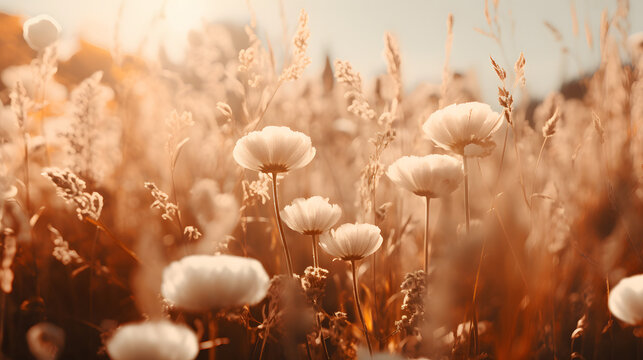 a brown field full of flowers with a sun light behind them