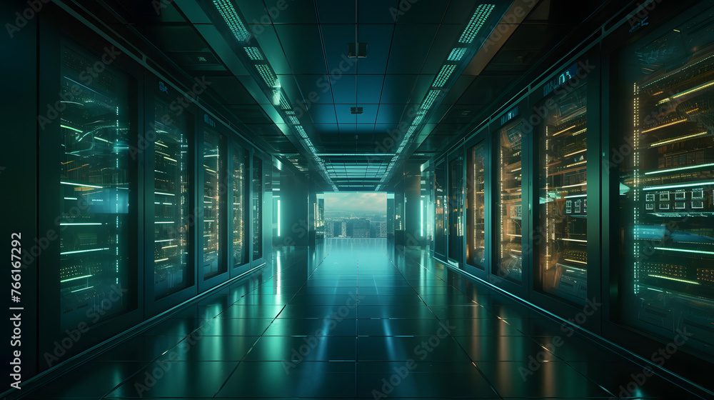 Poster a computer server room is illuminated with lights and lights in the hallway