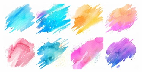 Multicolored paint strokes in various shapes and sizes spread across a white background