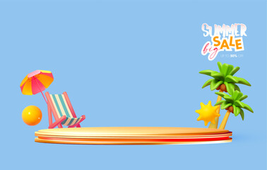 Summer Sale poster template with round podium. Product display with cute 3D render: beach chair, umbrella, palms and sun.
