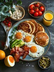 Fototapeta na wymiar Breakfast set, fried eggs, roasted bacon, hash brown, pancakes, eggs with avocado toasts, milk and orange juice