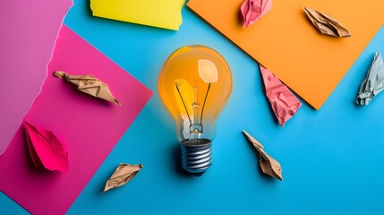 Vibrant Concept of Creativity and Problem-Solving with Lightbulb and Office Supplies on Colorful Background