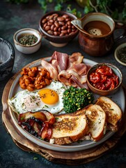 Breakfast set, teo fried fee-range eggs, smoked streaky bacon, cumberland sausage, ham hock, chorizo baked, beans, mushrooms, roasted dried tomato, sourdough toast