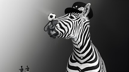 Zebra Referee Blowing Whistle at Soccer Match on Stark Monochrome Background