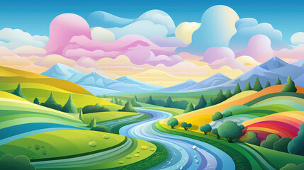 Simple rolling hills landscape in rainbow colors with a river flowing in between, flat illustration.