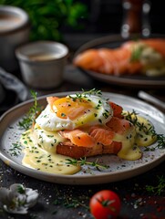 Eggs Royale with poached eggs on toasted English muffins with smoked salmon and hollandaise sauce