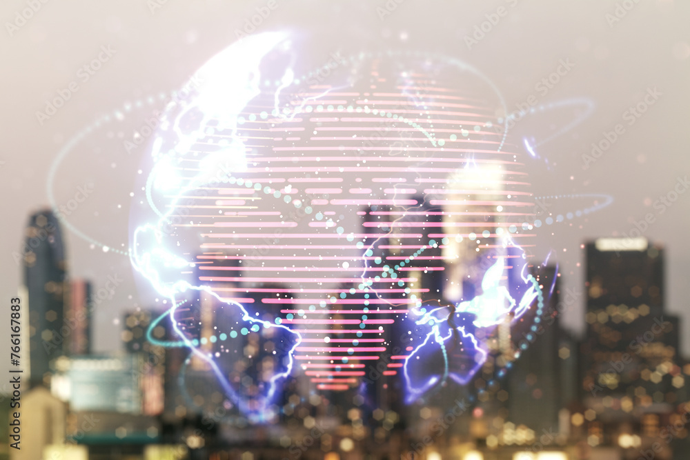 Poster double exposure of abstract digital world map hologram with connections on blurry office buildings b