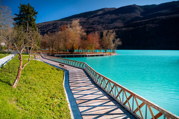 Lago di Barcis in autumn. This realy amazing places is located near Belluno, Dolomiti. Amazing  azure colour water.
