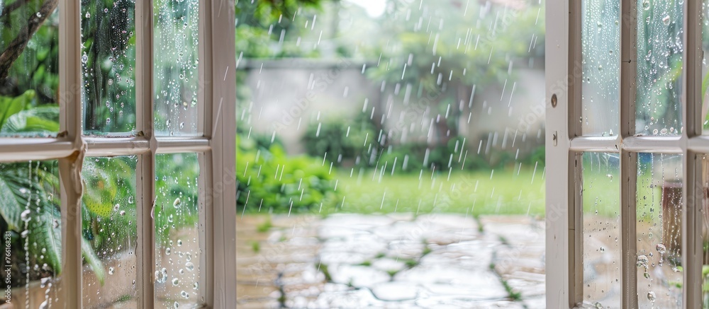 Poster an image showing a garden seen through a window with rain pouring in