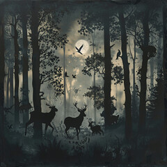 Majestic forest scene with animals in silhouette ,