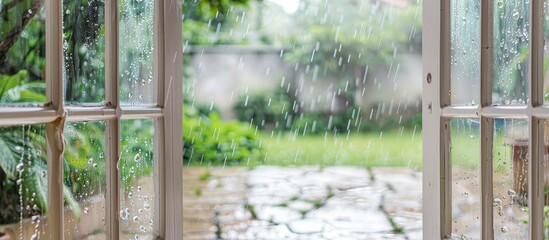 An image showing a garden seen through a window with rain pouring in