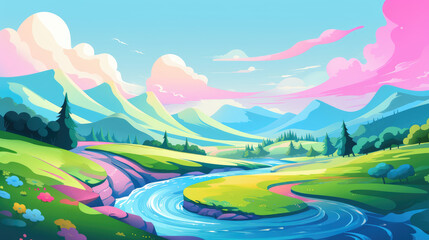 Simple rolling hills landscape in rainbow colors with a river flowing in between, flat illustration.