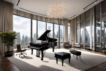 A luxury penthouse living area with floor-to-ceiling windows, a grand piano, and a wall mockup displaying high-resolution images of architectural marvels from around the world.