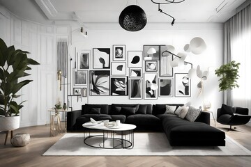 A high-contrast, black and white themed living room with an avant-garde wall mockup, exuding modern...