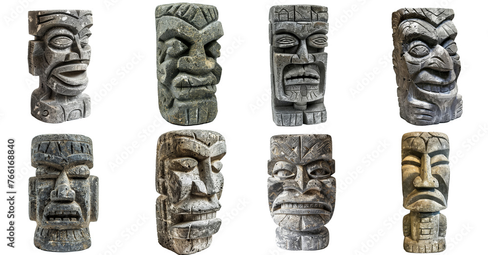 Wall mural Stone tiki head statues isolated on transparent png background