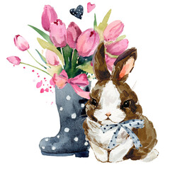 Cute watercolor baby bunny with flowers bouquet