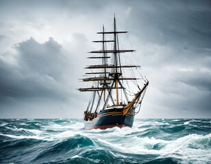 A ship sailing through rough waters, symbolizing resilience and perseverance in business challenges - obrazy, fototapety, plakaty