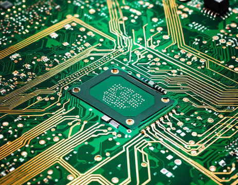 A circuit board with signals transmitting, symbolizing the interconnectedness of technology and business
