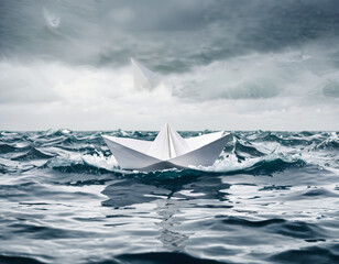 A paper boat sailing through turbulent waters, symbolizing resilience and adaptability in business challenges - obrazy, fototapety, plakaty