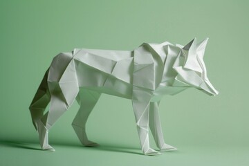 photo of an origami Wolf on pastel green background