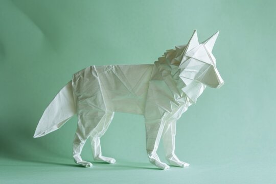 photo of an origami Wolf on pastel green background