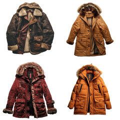 Winter coats set of four isolated on transparent png background