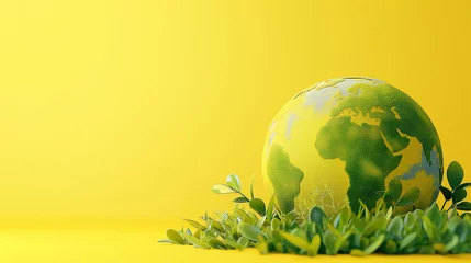 Fototapete 3D globe, sunny daisy field on yellow background. Symbolic idea for World Environment Day with copy space. © atitaph