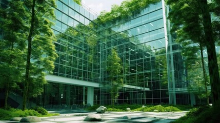 Obraz premium Sustainble green building. Eco-friendly building. Sustainable glass office building with tree for reducing carbon dioxide.