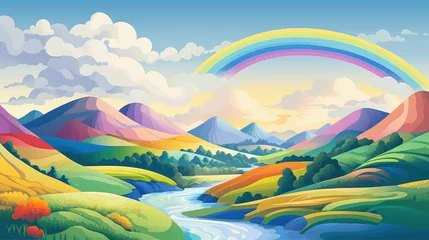 Poster Simple rolling hills landscape in rainbow colors with a river flowing in between, flat illustration. © ribelco