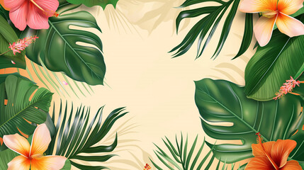 Close-up nature view of palm and monstera and fern leaves background. Lying down, gloomy nature concept, tropical leaves. leaf pattern wallpaper