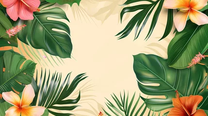 Fotobehang Close-up nature view of palm and monstera and fern leaves background. Lying down, gloomy nature concept, tropical leaves. leaf pattern wallpaper © atitaph