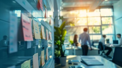 Obraz premium Blurry view of an office with a focus on sticky notes on a glass board, with coworkers in the background.
