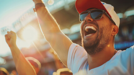 Joyful fan with fists raised in triumph at a sports game, wearing sunglasses and a cap.
