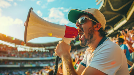 Man shouting into a megaphone at a sports event with stadium and crowd in the background.
