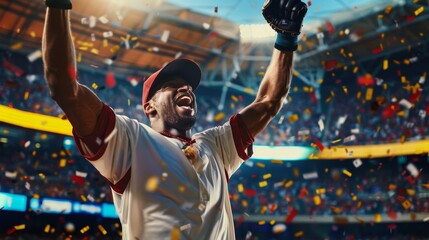 Baseball player celebrating victory on field with arms raised, confetti flying in the stadium.