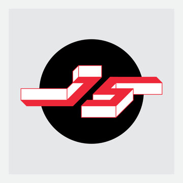 JS - Original Three-dimension letters in a black circle. J and S - monogram or logotype. Isometric 3d font for design.